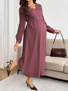 SHEIN فستان أنيق بأكمام طويلة وتصميم أزرار بلون موحد للحوامل لفصل الخريف - الأرجواني - مشاهدة 5