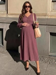 SHEIN فستان أنيق بأكمام طويلة وتصميم أزرار بلون موحد للحوامل لفصل الخريف - الأرجواني - مشاهدة 3