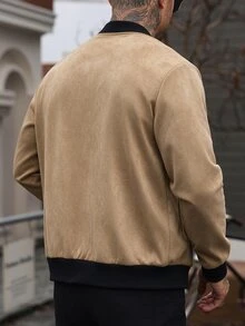 Manfinity CasualCool 男士仿麂皮棒球夾克，淺灰色立領拉鍊皮革拼接夾克，寬鬆休閒百搭羅紋外套，適合秋冬日常通勤 - 卡其色 - 查看 2