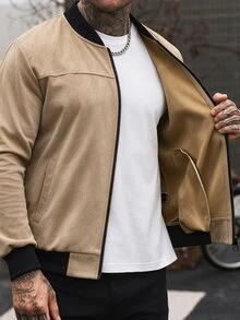 Manfinity CasualCool 男士仿麂皮棒球夾克，淺灰色立領拉鍊皮革拼接夾克，寬鬆休閒百搭羅紋外套，適合秋冬日常通勤 - 卡其色 - 查看 4
