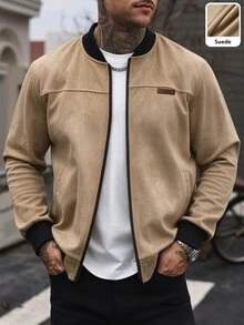 Manfinity CasualCool 男士仿麂皮棒球夾克，淺灰色立領拉鍊皮革拼接夾克，寬鬆休閒百搭羅紋外套，適合秋冬日常通勤 - 卡其色 - 查看 3