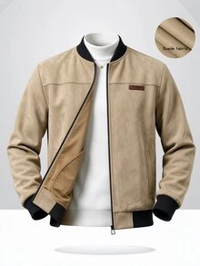 Manfinity CasualCool 男士仿麂皮棒球夾克，淺灰色立領拉鍊皮革拼接夾克，寬鬆休閒百搭羅紋外套，適合秋冬日常通勤 - 卡其色 - 查看 6