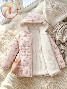 SHEIN Girls' Waist-Cinching Hooded Cotton Padded Thermal-Lined Thick Zipper Jacket With Faux Drawstring Snug Fit Design - Multicolor - View 8