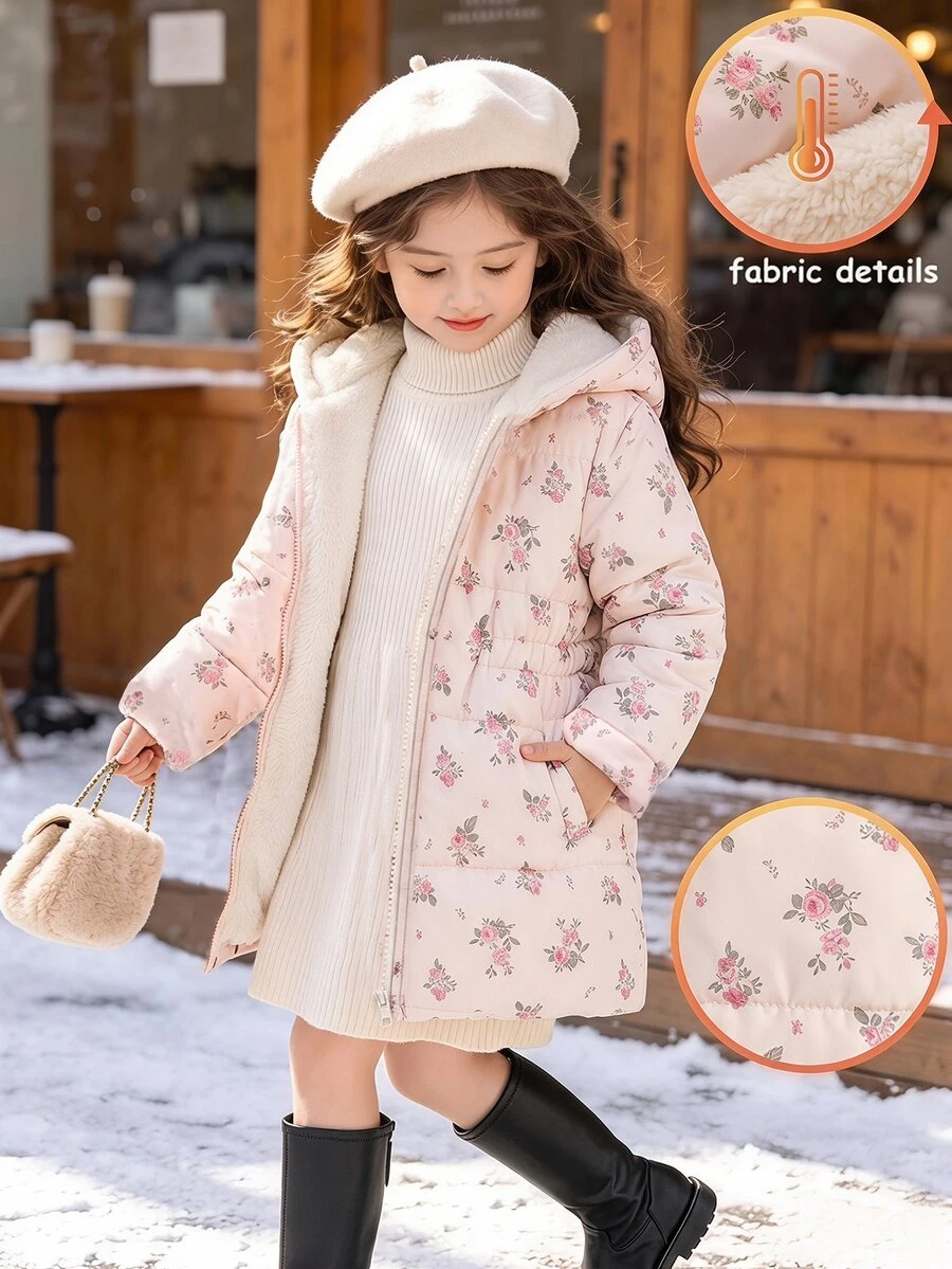 SHEIN Girls' Waist-Cinching Hooded Cotton Padded Thermal-Lined Thick Zipper Jacket With Faux Drawstring Snug Fit Design