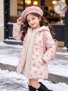 SHEIN Girls' Waist-Cinching Hooded Cotton Padded Thermal-Lined Thick Zipper Jacket With Faux Drawstring Snug Fit Design - Multicolor - View 9