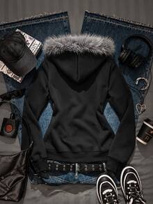 SHEIN Unity Women's Gothic Skull Print Fur Collar Hooded Zip-Up Jacket, Subculture Vintage Long Sleeve Sweatshirt - Black - View 6