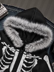 SHEIN Unity Women's Gothic Skull Print Fur Collar Hooded Zip-Up Jacket, Subculture Vintage Long Sleeve Sweatshirt - Black - View 8