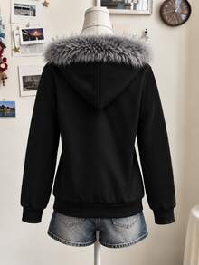 SHEIN Unity Women's Gothic Skull Print Fur Collar Hooded Zip-Up Jacket, Subculture Vintage Long Sleeve Sweatshirt - Black - View 2
