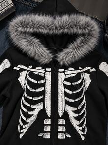 SHEIN Unity Women's Gothic Skull Print Fur Collar Hooded Zip-Up Jacket, Subculture Vintage Long Sleeve Sweatshirt - Black - View 7