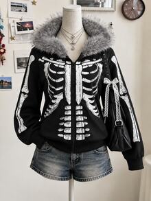 SHEIN Unity Women's Gothic Skull Print Fur Collar Hooded Zip-Up Jacket, Subculture Vintage Long Sleeve Sweatshirt - Black - View 5