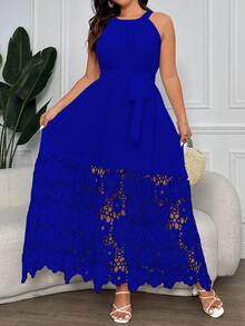 Vionelle Plus Size Women Solid Floral Hollow Out Elegant Slip Dress - Royal Blue - View 6