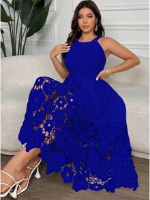 Vionelle Plus Size Women Solid Floral Hollow Out Elegant Slip Dress - Royal Blue - View 1