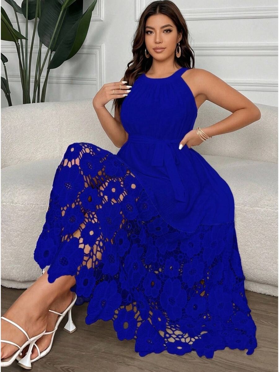 Vionelle Plus Size Women Solid Floral Hollow Out Elegant Slip Dress - Royal Blue - View 1