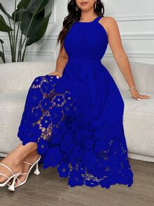 Vionelle Plus Size Women Solid Floral Hollow Out Elegant Slip Dress - Royal Blue - View 10