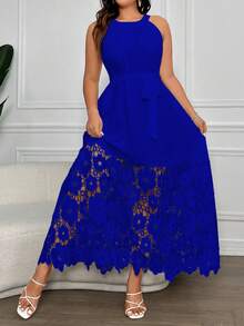 Vionelle Plus Size Women Solid Floral Hollow Out Elegant Slip Dress - Royal Blue - View 7