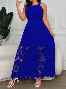 Vionelle Plus Size Women Solid Floral Hollow Out Elegant Slip Dress - Royal Blue - View 5