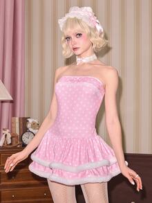 ROMWE Kawaii Autumn/Winter Dollhouse Polka Dot Print Strapless Puff Mini Dress For Women - Pink - View 4