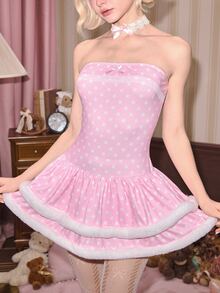 ROMWE Kawaii Autumn/Winter Dollhouse Polka Dot Print Strapless Puff Mini Dress For Women - Pink - View 2