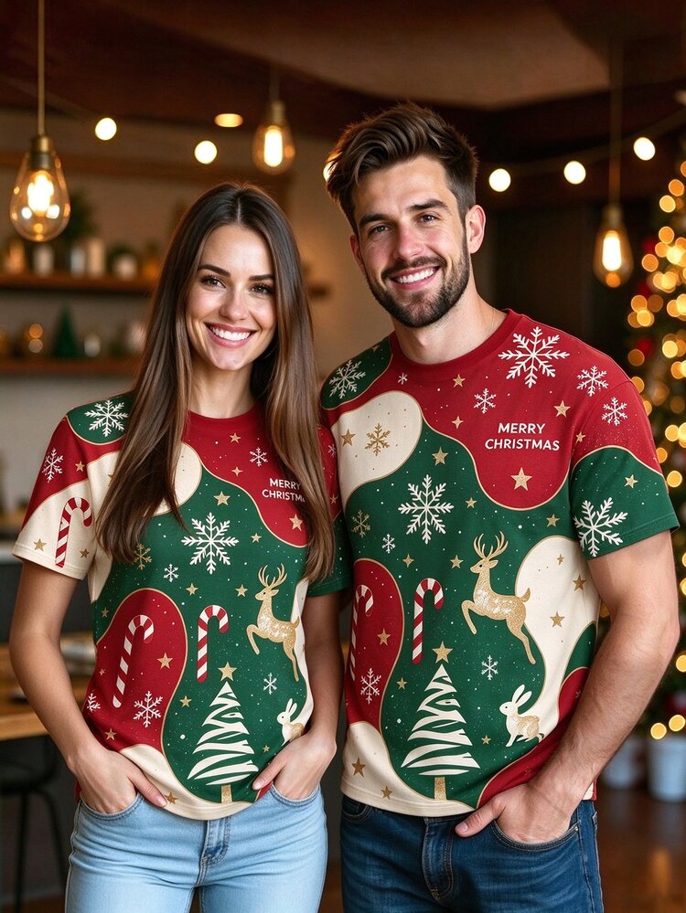 Manfinity Homme Men's Plus Size Christmas Graphic T-Shirt, Short Sleeve Crew Neck Casual Streetwear Holiday Tee Party Green Summer - Red - View 1