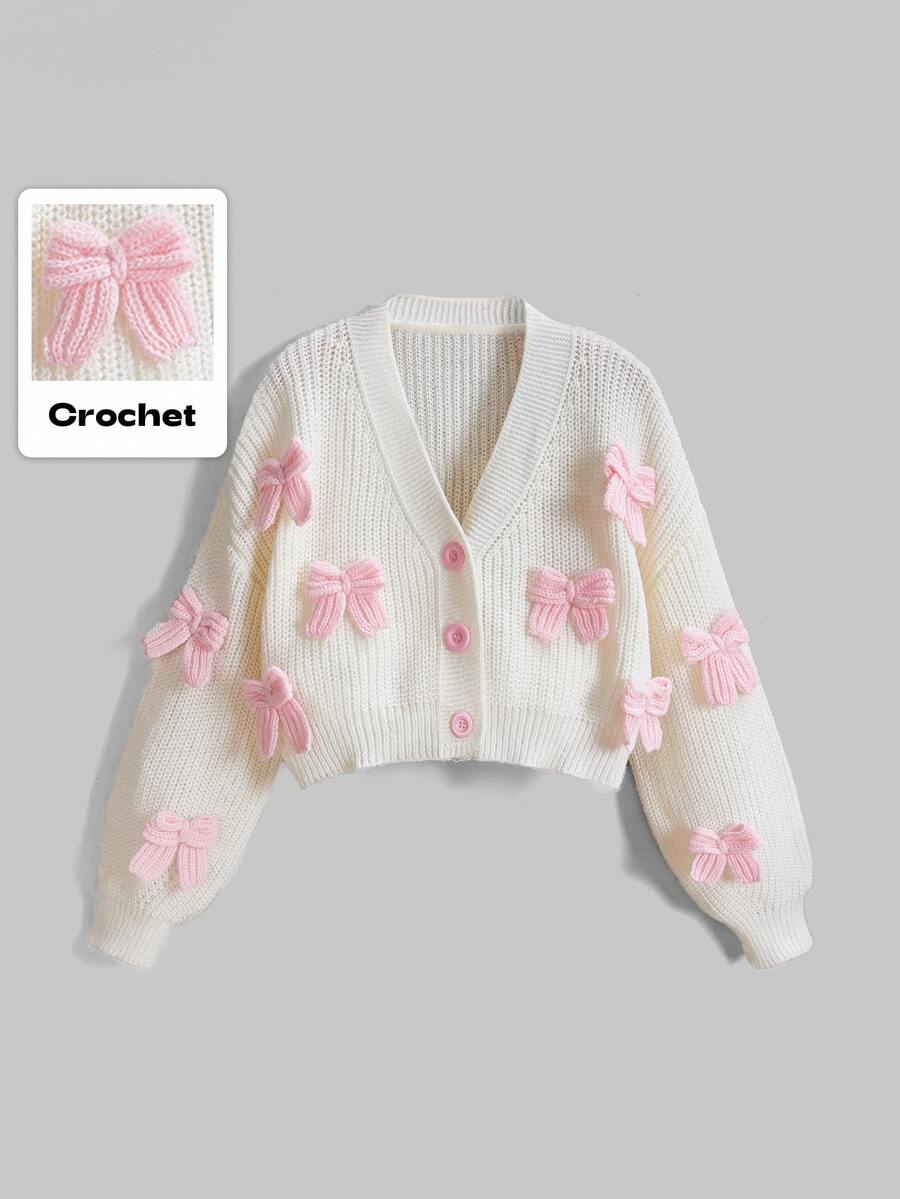 ROMWE Kawaii 女式 Himekaji 粉色立体蝴蝶结配饰可爱简约性感开衫、长袖上衣 - 杏色 - 查看 1