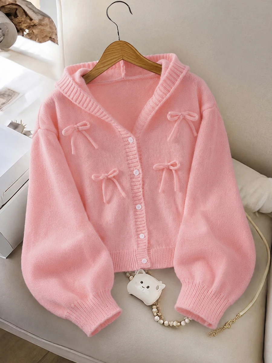 SHEIN 女童秋冬時尚蝴蝶結簡約針織粉色長袖開襟衫 - 粉色 - 查看 1