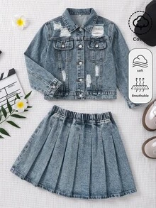 SHEIN Girls Blue Loose Tween Girl Tween Girl Short Long Sleeve Jacket & Pleated Skirt 2pcs Set Fall Winter 2026 Cute Y2k Versatile Halloween New Year Tween Girl - Blue - View 3