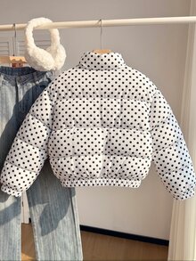 Elladie kids 女童冬季時尚外套，黑白波點立領休閒短版填充外套，兩側口袋，冬季外套，適合學校、戶外、萬聖節穿搭 - 白色 - 查看 3