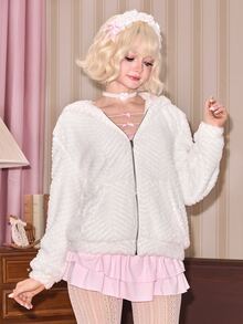 ROMWE Kawaii Women's Cute Rabbit Ear Pom Pom Coral Fleece Regular Jacket, Autumn/Winter - White - View 7