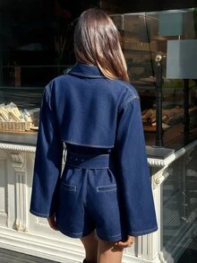 Siren Gaze 女款休閒日常牛仔連身褲，秋冬女裝，風衣款牛仔連身褲，腰帶連身褲，通勤、辦公、商務穿搭 - 藍色 - 查看 3