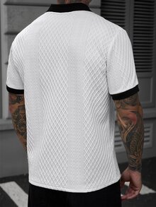 Manfinity CasualCool 男士拼色拼接格紋短袖休閒 Polo 衫，適合婚禮度假，白色與黑色 - 白色 - 查看 2