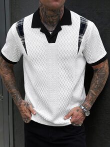 Manfinity CasualCool 男士拼色拼接格紋短袖休閒 Polo 衫，適合婚禮度假，白色與黑色 - 白色 - 查看 6