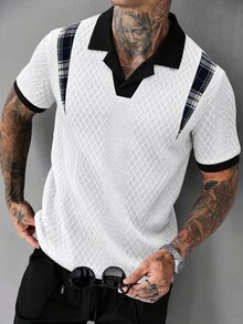 Manfinity CasualCool 男士拼色拼接格紋短袖休閒 Polo 衫，適合婚禮度假，白色與黑色 - 白色 - 查看 1