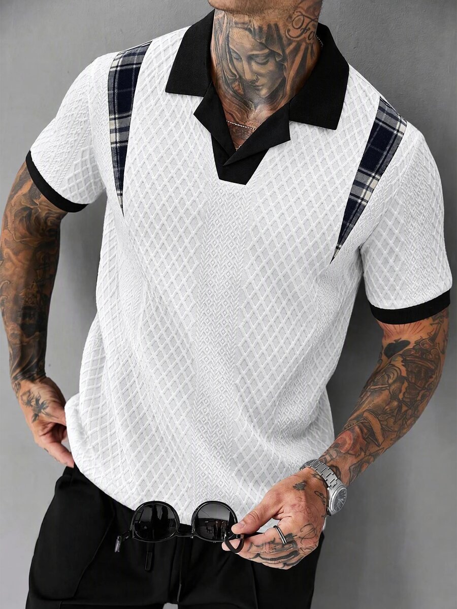 Manfinity CasualCool 男士拼色拼接格紋短袖休閒 Polo 衫,適合婚禮度假,白色與黑色 - 白色 - 查看 1