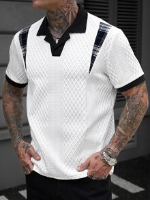 Manfinity CasualCool 男士拼色拼接格紋短袖休閒 Polo 衫，適合婚禮度假，白色與黑色 - 白色 - 查看 3