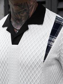 Manfinity CasualCool 男士拼色拼接格紋短袖休閒 Polo 衫，適合婚禮度假，白色與黑色 - 白色 - 查看 4
