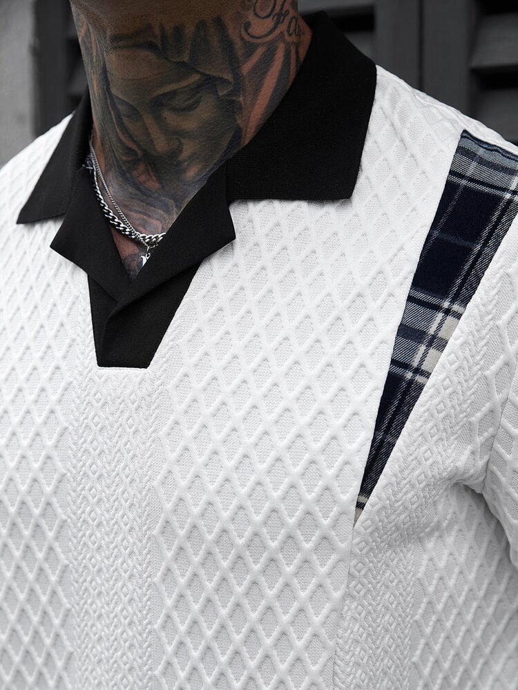 Manfinity CasualCool Men's Colorblock Patchwork Plaid Short Sleeve Casual Polo Shirt Wedding Vacation White And Black - White - View 4