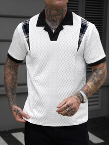 Manfinity CasualCool 男士拼色拼接格紋短袖休閒 Polo 衫，適合婚禮度假，白色與黑色 - 白色 - 查看 5