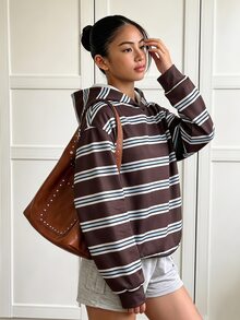 SHEIN 青少年女孩抓絨秋季豹紋印花運動衫，休閒街頭風，長袖，復古，針織，寬鬆大尺寸，假日畢業季棕色 - 棕色 - 查看 3
