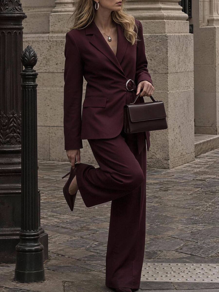 Aloruh Women's Elegant Business Office Dinner Commute Burgundy Blazer + Straight Leg Trousers With Metal Button Solid Color 2 Pieces Set New Fall Styles Chic - Burgundy - View 1