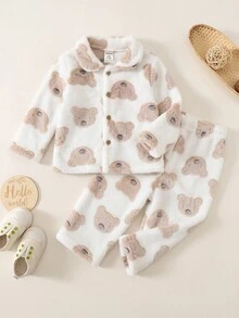 SHEIN Baby Boy Knitted Cute Print Faux Fur Collar Long Sleeve Top And Long Pants Loungewear Set 2 Pieces, Suitable For Autumn And Winter - Multicolor - View 1