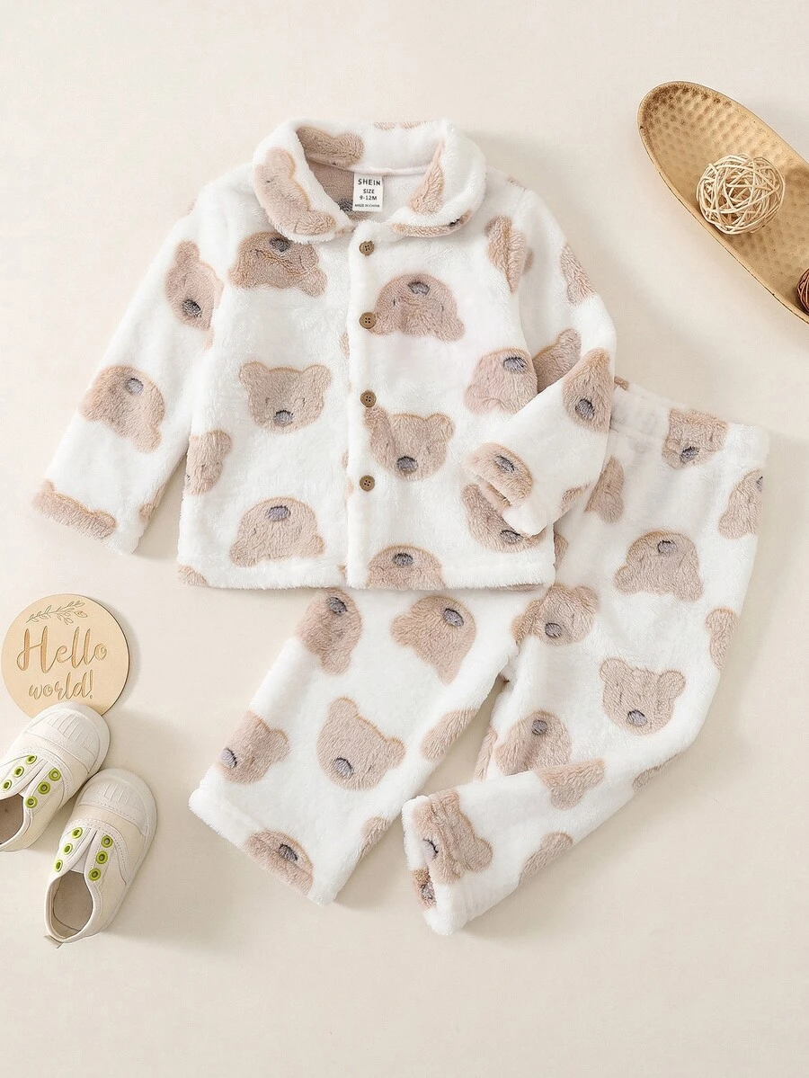 SHEIN Baby Boy Knitted Cute Print Faux Fur Collar Long Sleeve Top And Long Pants Loungewear Set 2 Pieces, Suitable For Autumn And Winter - Multicolor - View 1