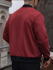 Manfinity CasualCool 男士仿麂皮棒球夾克，淺灰色立領拉鍊皮革拼接夾克，寬鬆休閒百搭羅紋外套，適合秋冬日常通勤 - 酒紅色 - 查看 2