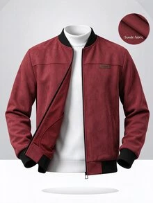 Manfinity CasualCool 男士仿麂皮棒球夾克，淺灰色立領拉鍊皮革拼接夾克，寬鬆休閒百搭羅紋外套，適合秋冬日常通勤 - 酒紅色 - 查看 4