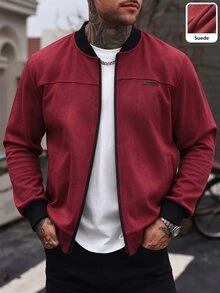 Manfinity CasualCool 男士仿麂皮棒球夾克，淺灰色立領拉鍊皮革拼接夾克，寬鬆休閒百搭羅紋外套，適合秋冬日常通勤 - 酒紅色 - 查看 3