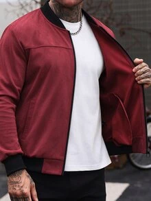 Manfinity CasualCool 男士仿麂皮棒球夾克，淺灰色立領拉鍊皮革拼接夾克，寬鬆休閒百搭羅紋外套，適合秋冬日常通勤 - 酒紅色 - 查看 5