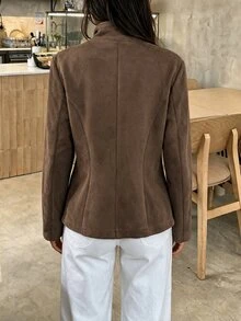 LUMIGAL Women's Autumn Stand Collar Long Sleeve Single-Breasted Casual Jacket - Brown - View 2
