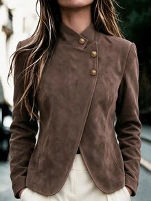LUMIGAL Women's Autumn Stand Collar Long Sleeve Single-Breasted Casual Jacket - Brown - View 7