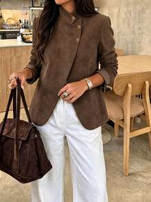 LUMIGAL Women's Autumn Stand Collar Long Sleeve Single-Breasted Casual Jacket - Brown - View 3