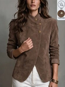 LUMIGAL Women's Autumn Stand Collar Long Sleeve Single-Breasted Casual Jacket - Brown - View 1