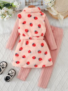 SHEIN 女童紅棕色腰帶背心外套長袖上衣與長褲套裝 秋季穿搭 生日 嬰兒 聖誕 母女套裝 - 粉色 - 查看 3